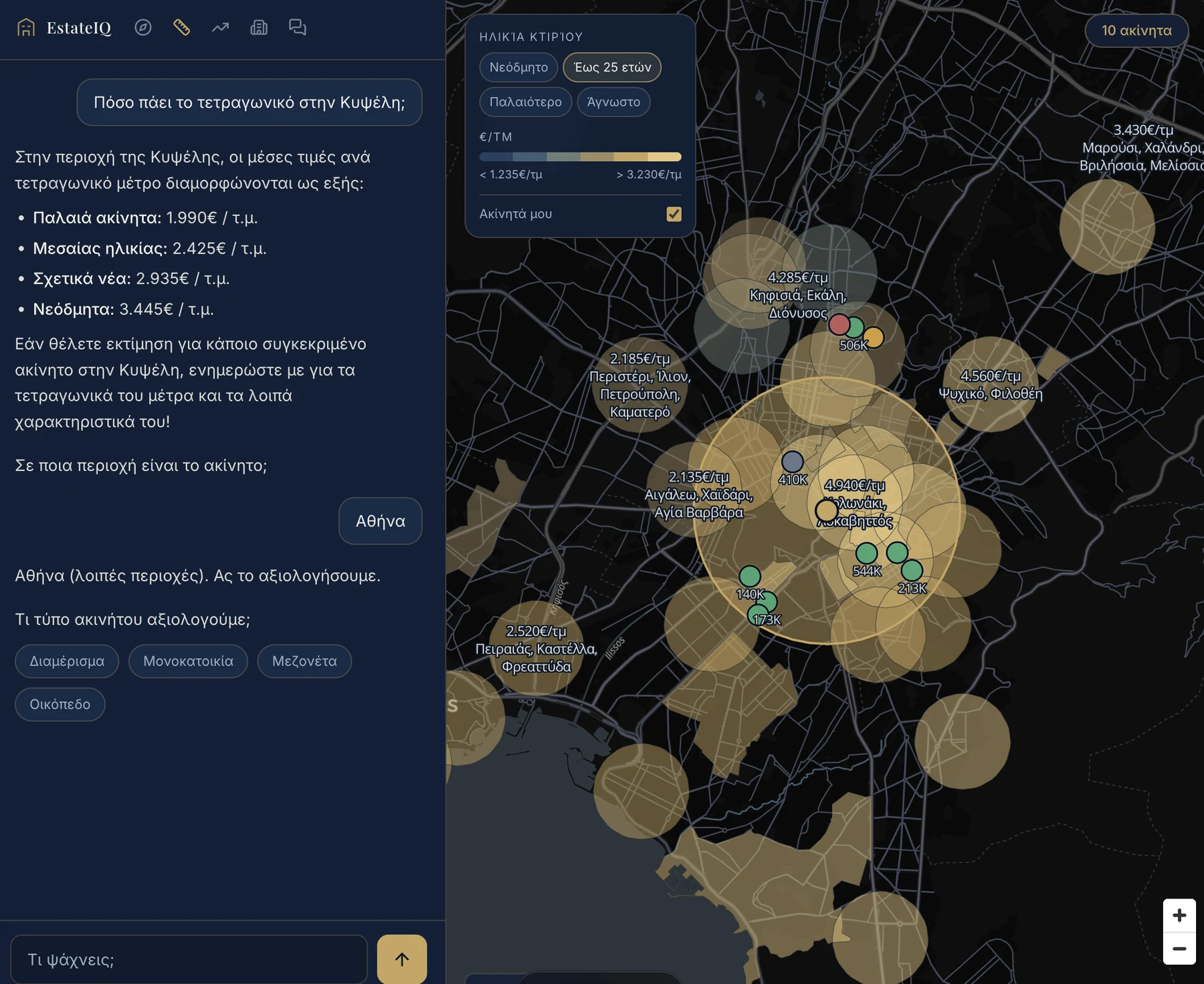 EstateIQ app: AI chat and Athens property price map