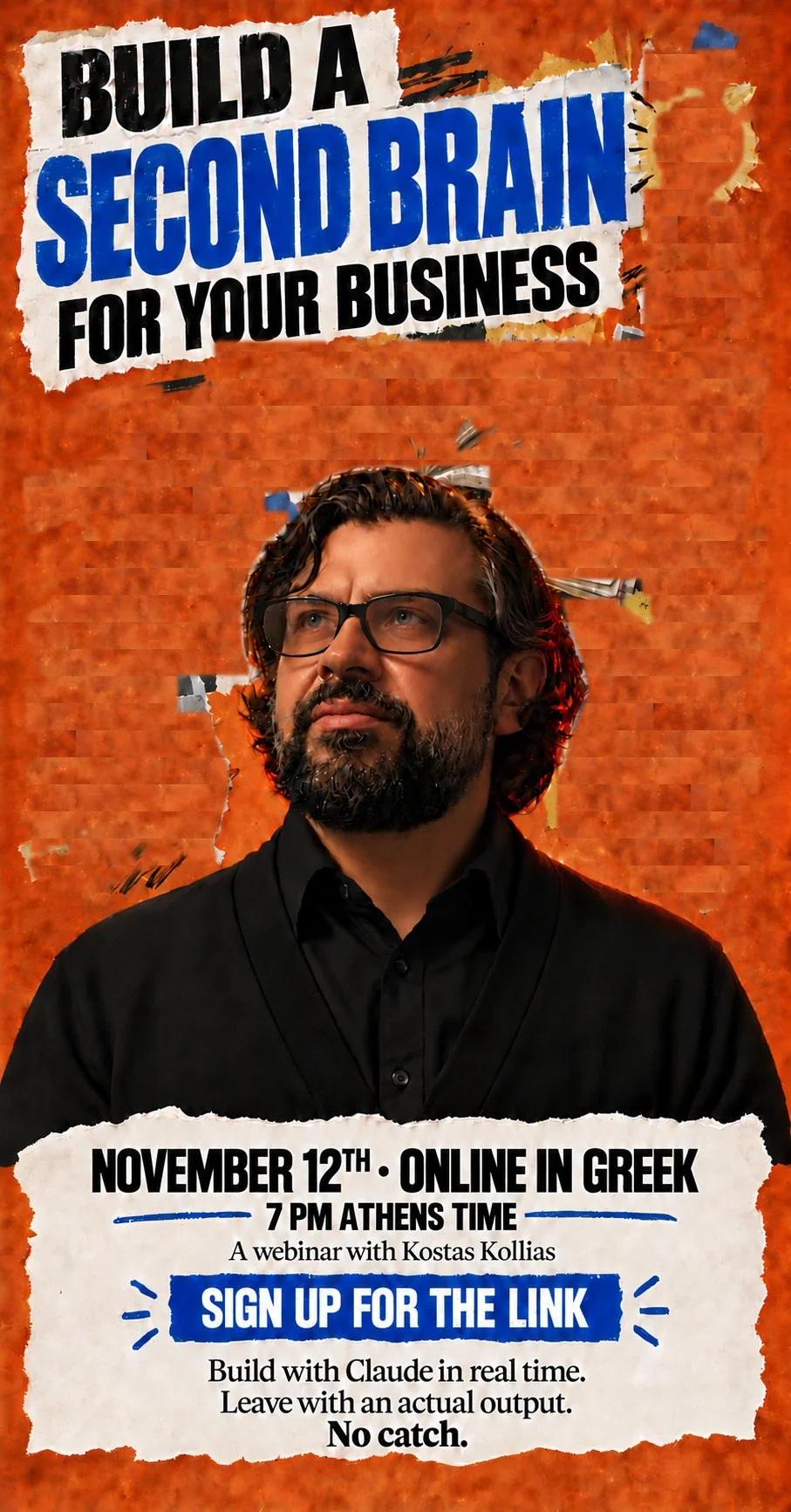 Αφίσα του webinar Build a Second Brain for your Business με τον Κώστα Κόλλια, 12 Νοεμβρίου, 19:00 ώρα Αθήνας